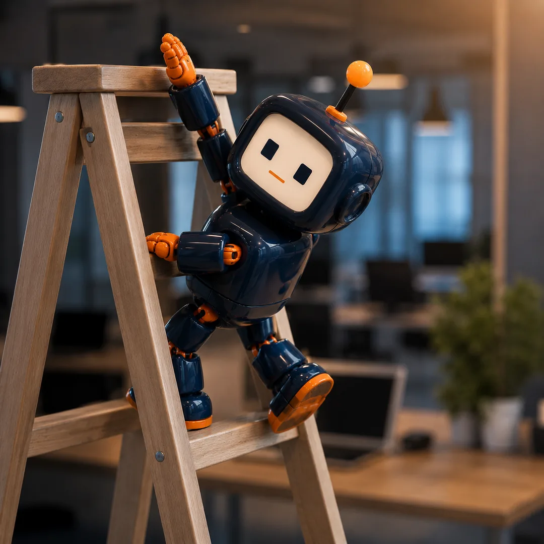 The Insights² robot near the top of the ladder, one hand reaching up past the top rung with visible effort.